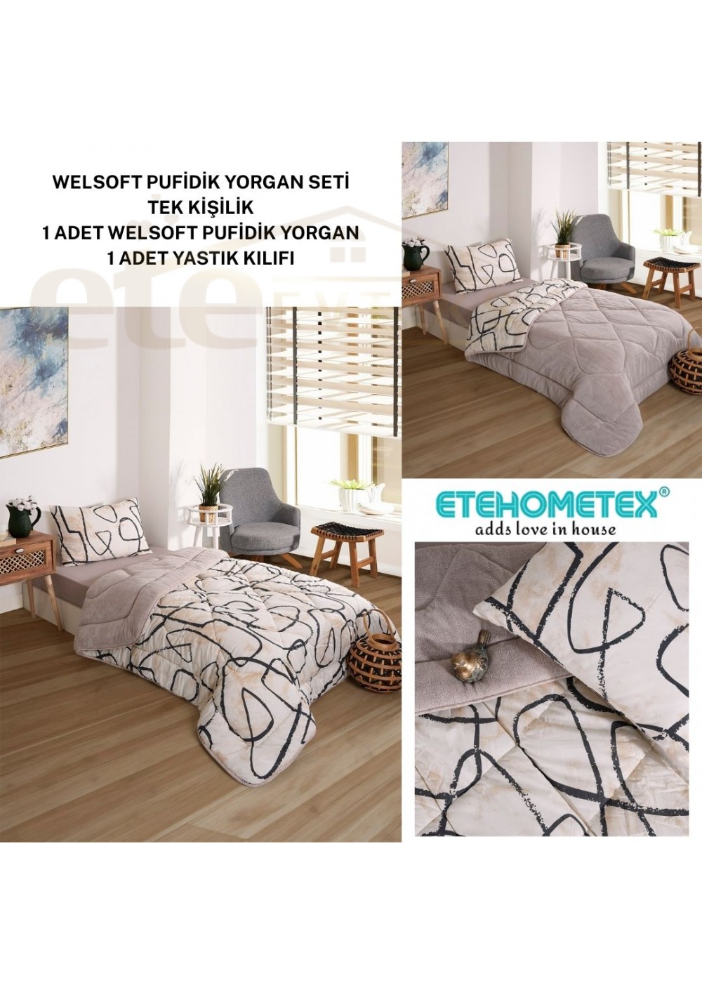 ETE HOMETEX TEK KİŞİLİK LÜX WELSOFT YORGAN SETİ EFEKT BEJ 155X215CM 8696474231964